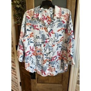 Chicos Top Shirt 100% Linen Sea Life Size 2 Medium‎ 3/4 Sleeve Pink Blue
